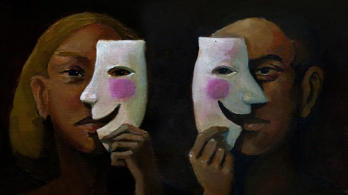Un homme et une femme cachent leurs sentiments derrière un masque souriant.