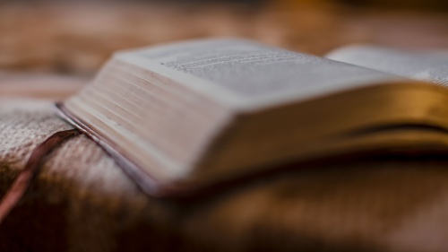 Une Bible sur une table avec un vase de fleurs