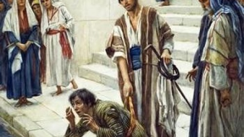 Un homme (vraisemblablement Jésus-Christ) et un homme aveugle au réservoir de Siloé