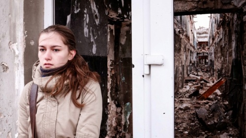 Une jeune femme attend à l'extérieur d'un bâtiment à Kurakhove, dans l'est de l'Ukraine.