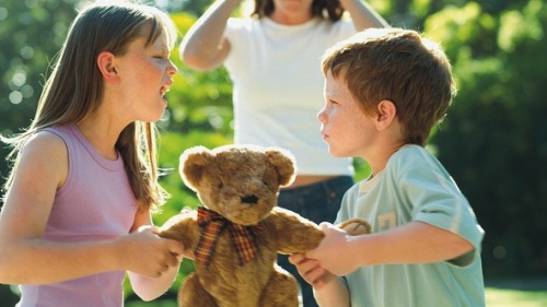 Une fille et son petit frère se battent pour un ours en peluche