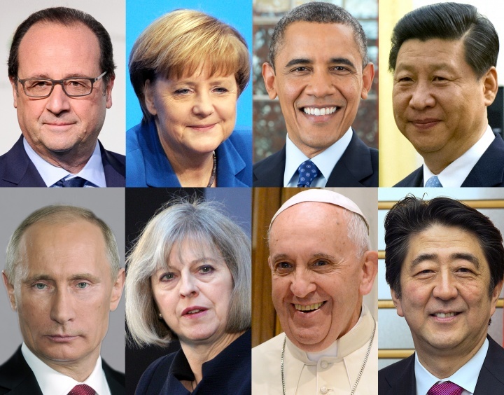 Photos de François Hollande (France), Angela Merkel (Allemagne), Barack Obama (États-Unis), Xi Jinping (Chine), Vladimir Putin (Russie), Theresa May (Royaume-Uni), pape François, Shinzo Abe (Japon)