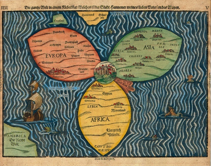 Une carte stylisée de Heinrich Bünting (1545-1606). Cette carte a la forme d’une feuille de trèfle (les trois continents classiques de l’Europe, l’Asie, et l’Afrique), avec Jérusalem au centre.