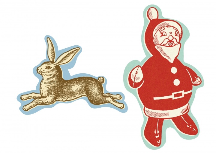 Un père Noël et un lapin de Pâques en découpe de bande dessinée