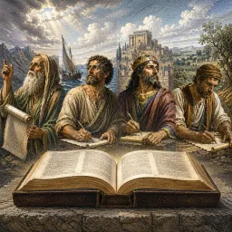 biblical authors in front of a bible