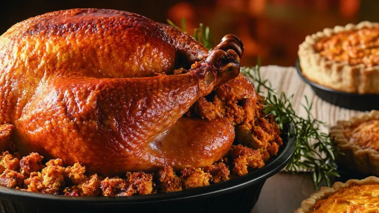 une dinde cuite sur une table à côté de quelques tartes