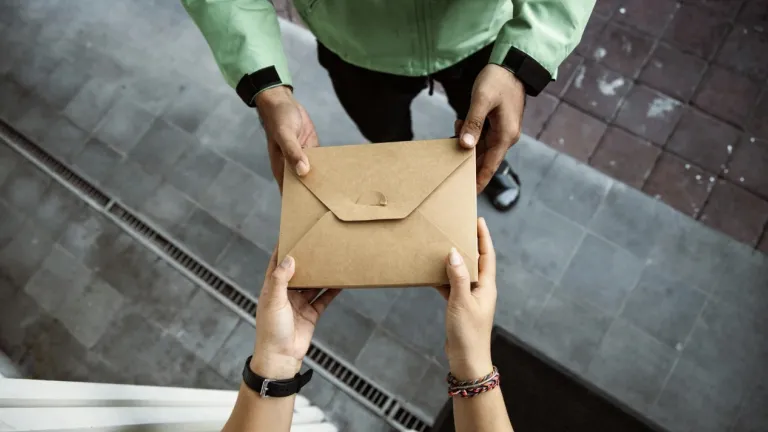 Une personne donne une enveloppe à une autre personne