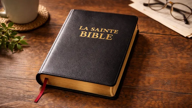 Une bible ouverte sur une table avec une tasse et une paire de lunettes
