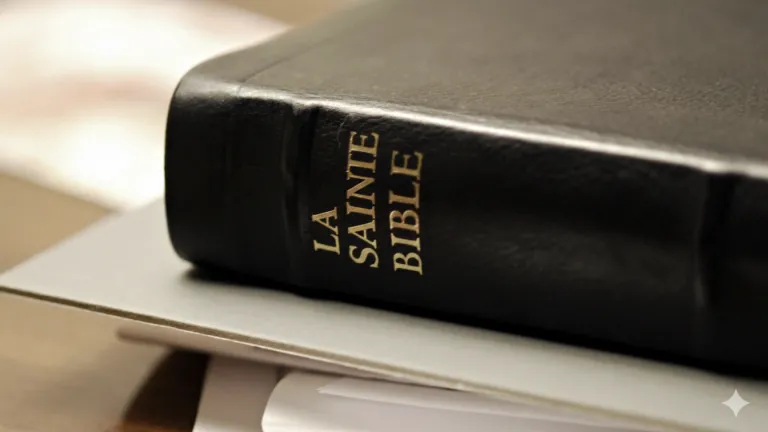 Une Bible posée sur une table, au-dessus d'une pile de papiers.