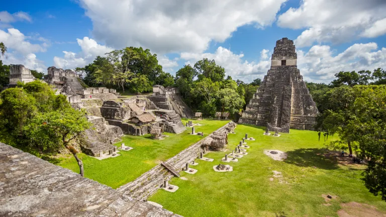 Vue des majestueuses ruines mayas avec herbe verte et arbres au parc national de Tikal au Guatemala, près de la frontière du Belize.