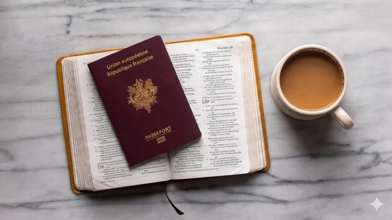 un passeport sur une bible ouverte près d'une tasse de café