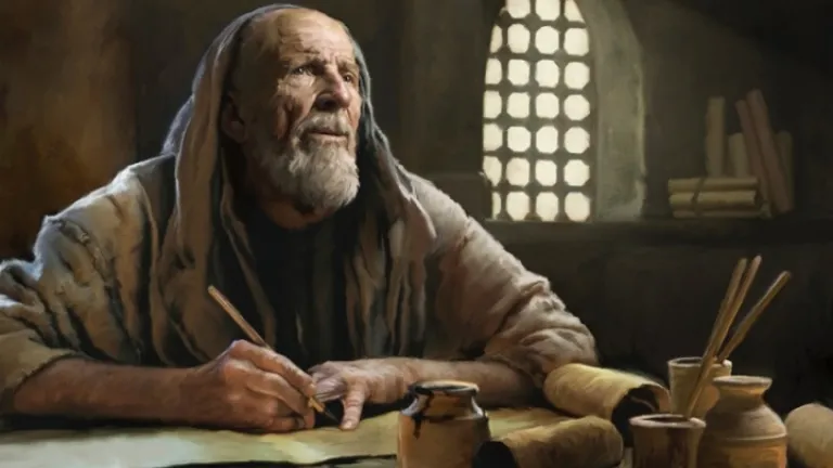 Un homme ancien écrit sur un parchemin