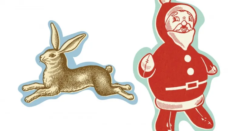 Un Père Noël et un lapin de Pâques découpés en bandes dessinées