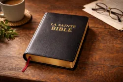 Une bible ouverte sur une table avec une tasse et une paire de lunettes