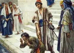 Un homme (vraisemblablement Jésus-Christ) et un homme aveugle au réservoir de Siloé