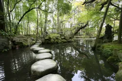 Des pierres pour traverser un petit étang.